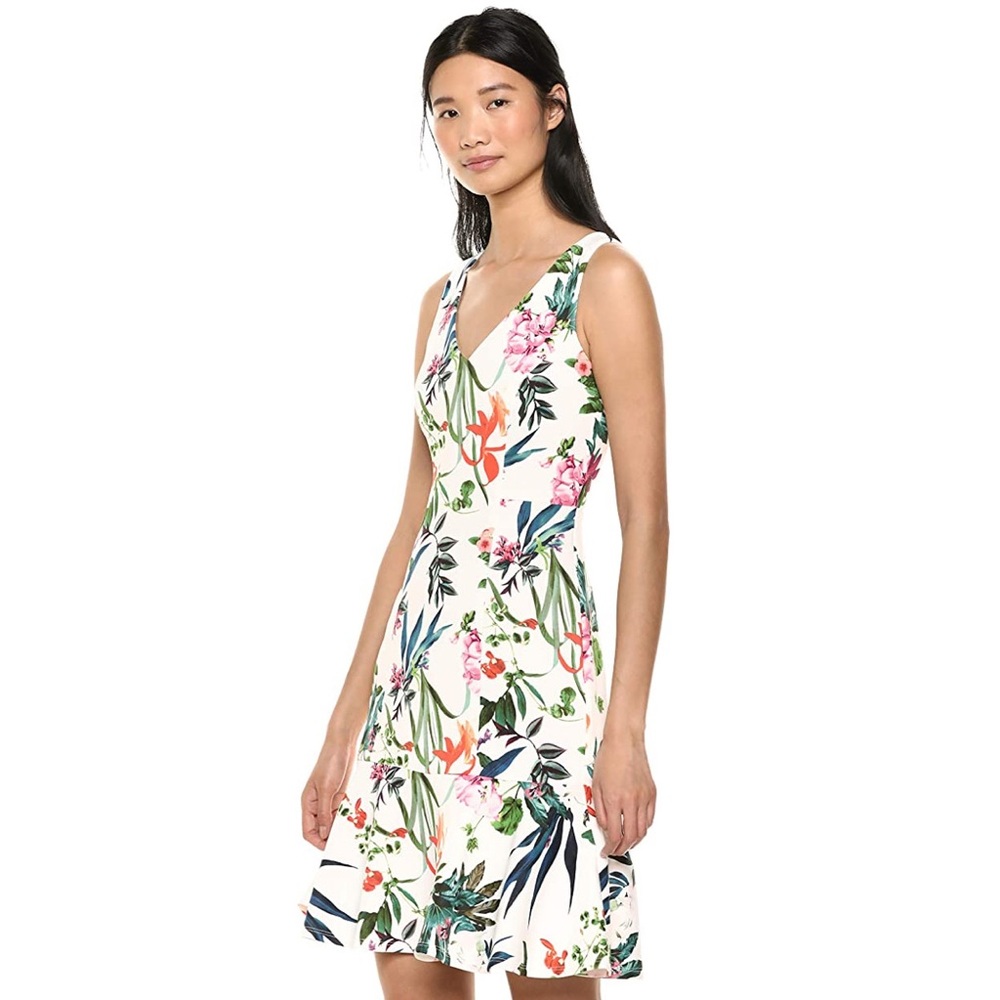 Taylor Sleeveless Tropical Print Flounce Hem Dress
